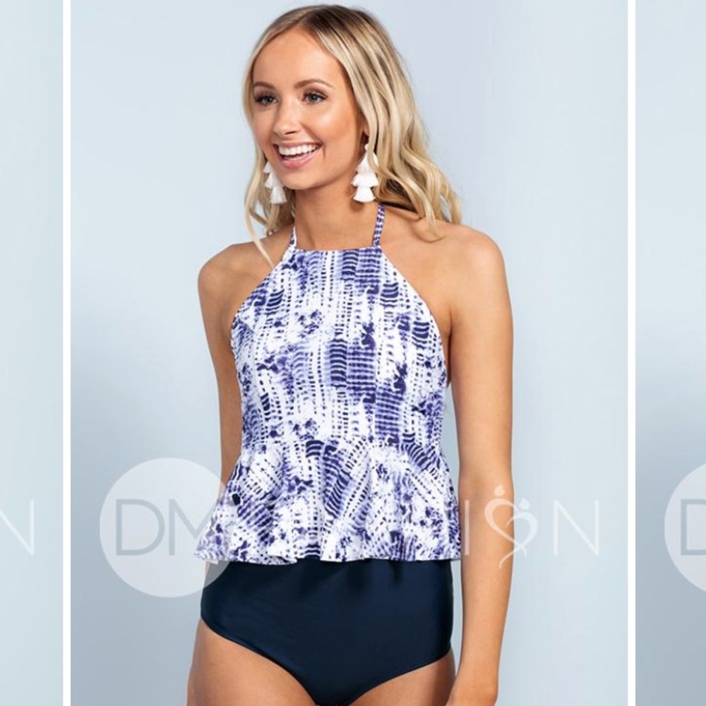 XS High neck peplum tankini top in navy and white